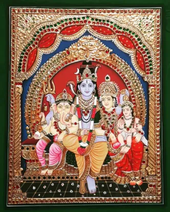 Picture of Handmade Shiva Family Tanjore Painting: Gold Foil & Jaipur Gems