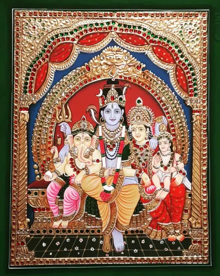 Picture of Handmade Shiva Family Tanjore Painting: Gold Foil & Jaipur Gems