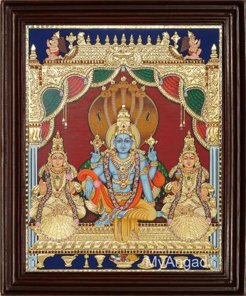 Picture of Teak Wood Frame Fine Finish Vaikundanathan Tanjore Painting, Vishnu, For Wall Hangings, Size: 18x14 Inches
