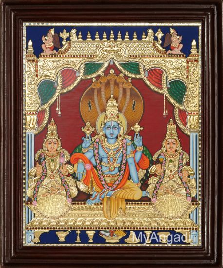 Picture of Teak Wood Frame Fine Finish Vaikundanathan Tanjore Painting, Vishnu, For Wall Hangings, Size: 18x14 Inches