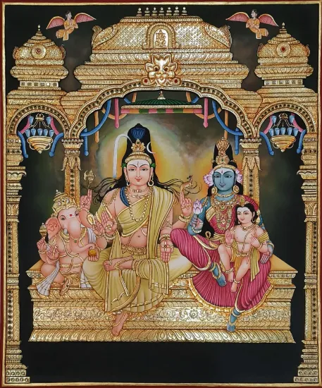 Picture of Hand Painted Shiv Family Tanjore Painting: 24K Gold Foil, Pooja Room Decor