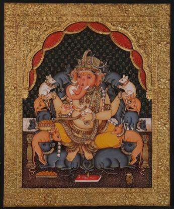 Picture of Lord Ganesha Tanjore Painting: Gold Foil Indian God Wall Art