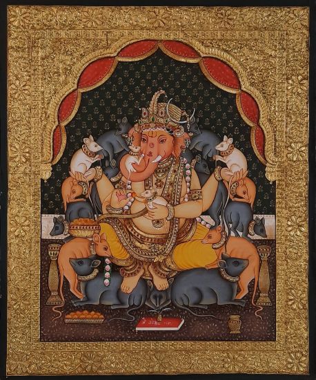 Picture of Lord Ganesha Tanjore Painting: Gold Foil Indian God Wall Art